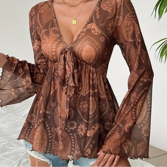 Boutique Tops - Semi-Sheer V-Neck Flared Long Sleeve Paisley Top